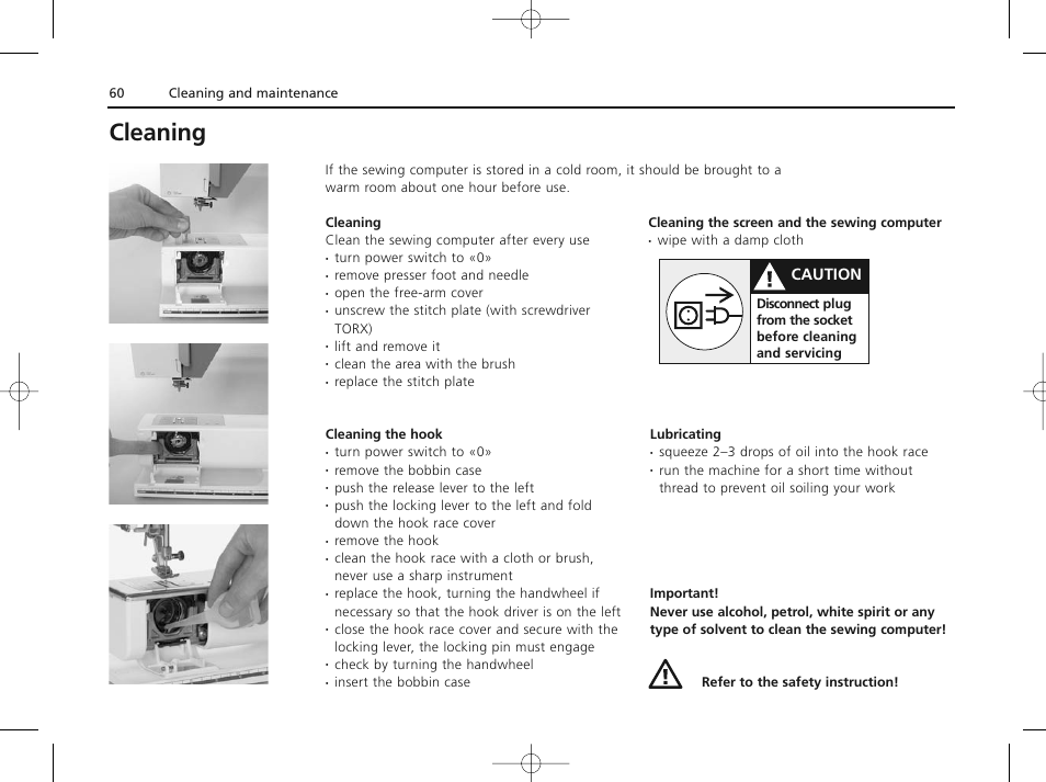 Cleaning, Caution | Bernina ACTIVA 135 S User Manual | Page 61 / 73