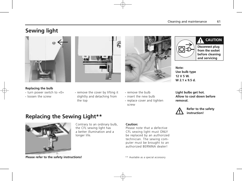 Sewing light, Replacing the sewing light | Bernina ACTIVA 135 S User Manual | Page 62 / 73