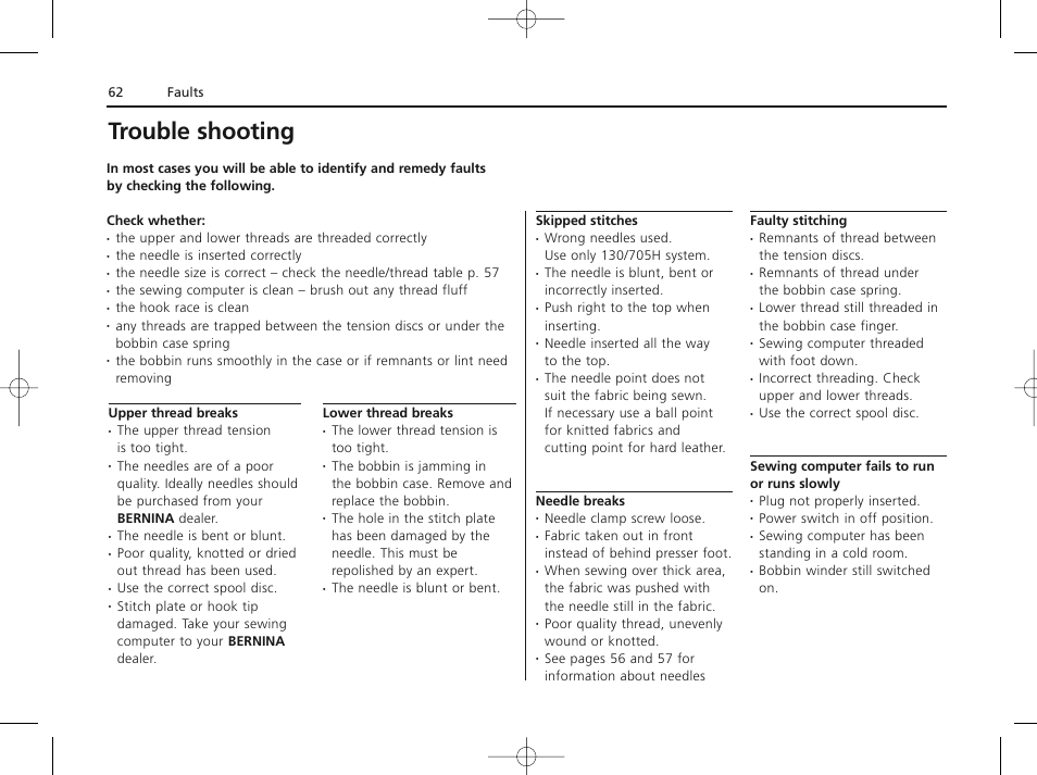 Trouble shooting | Bernina ACTIVA 135 S User Manual | Page 63 / 73