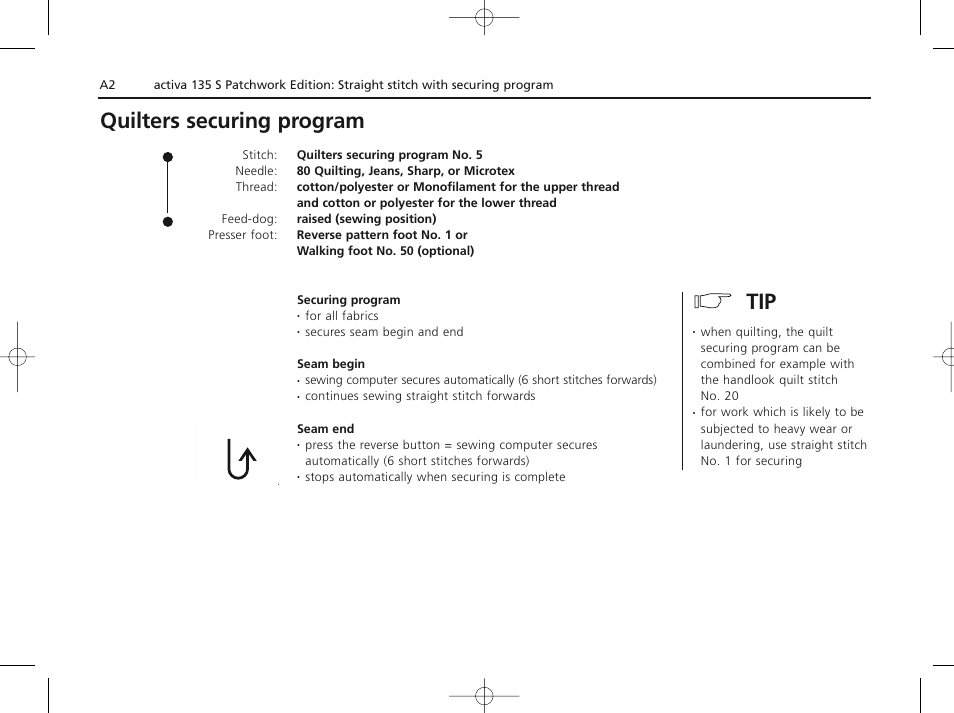 Quilters securing program | Bernina ACTIVA 135 S User Manual | Page 69 / 73
