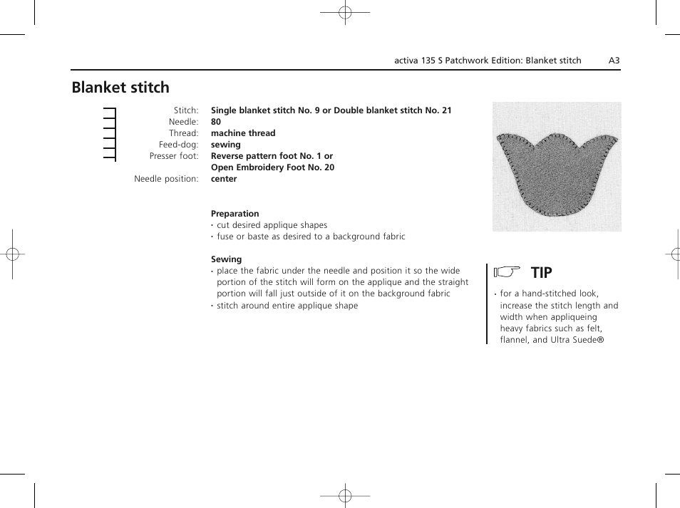 Blanket stitch | Bernina ACTIVA 135 S User Manual | Page 70 / 73