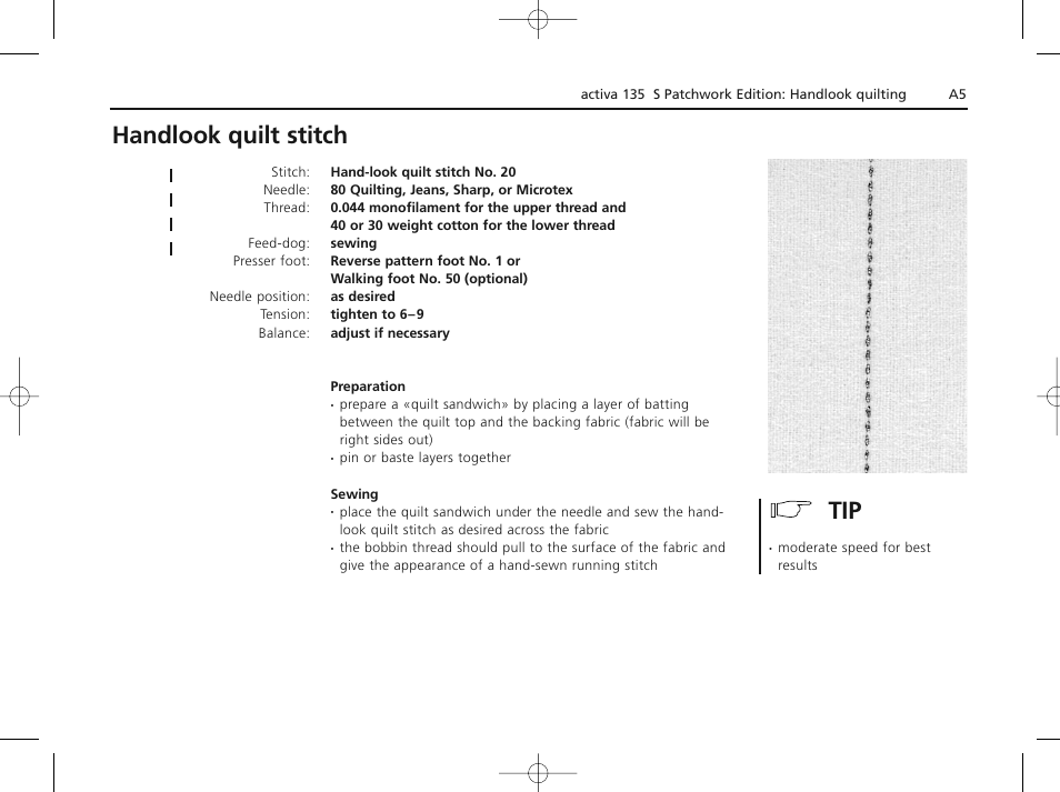 Handlook quilt stitch | Bernina ACTIVA 135 S User Manual | Page 72 / 73