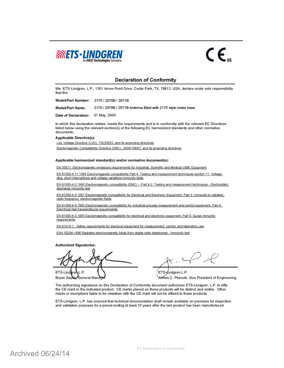 Appendix b: ec declaration of conformity | ETS-Lindgren 2071B Antenna Positioning Tower (Archived) User Manual | Page 47 / 65