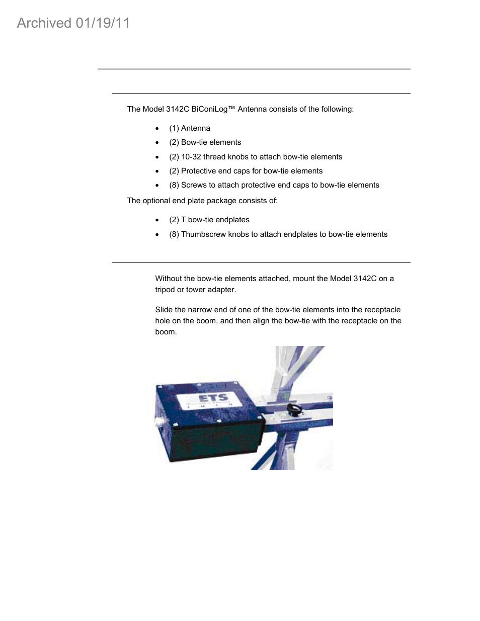 0 mounting instructions, 1 model 3142c components, 2 mount the bow-tie elements | ETS-Lindgren 3142C Biconilog Antenna (Archived) User Manual | Page 13 / 29