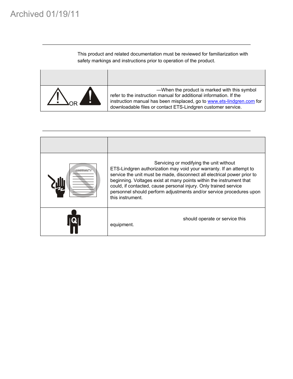 Safety symbol definitions, General safety considerations | ETS-Lindgren 3142C Biconilog Antenna (Archived) User Manual | Page 5 / 29