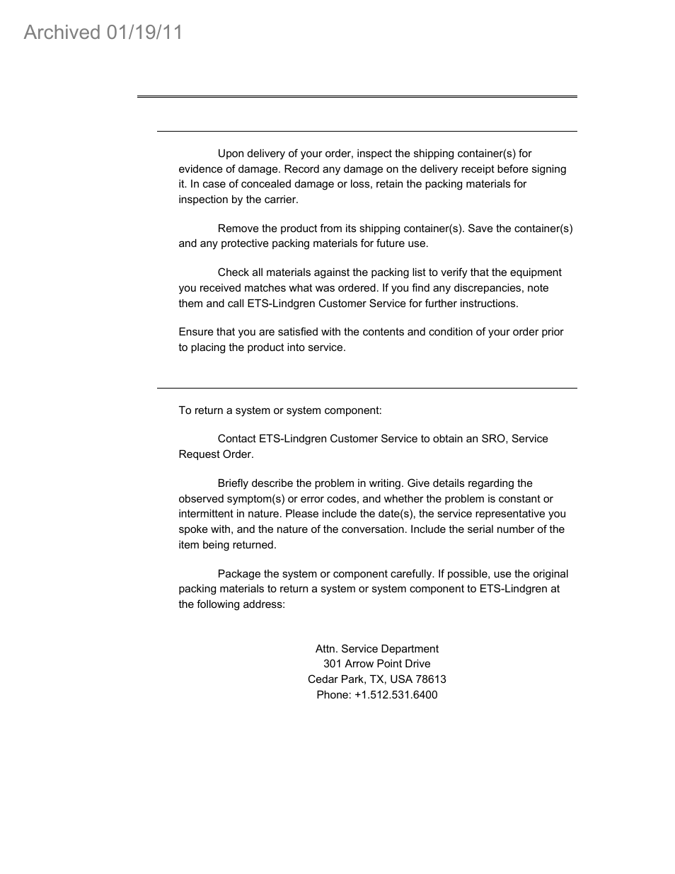 0 receiving your order, 1 unpacking and acceptance, 2 return procedures | ETS-Lindgren 3142C Biconilog Antenna (Archived) User Manual | Page 9 / 29