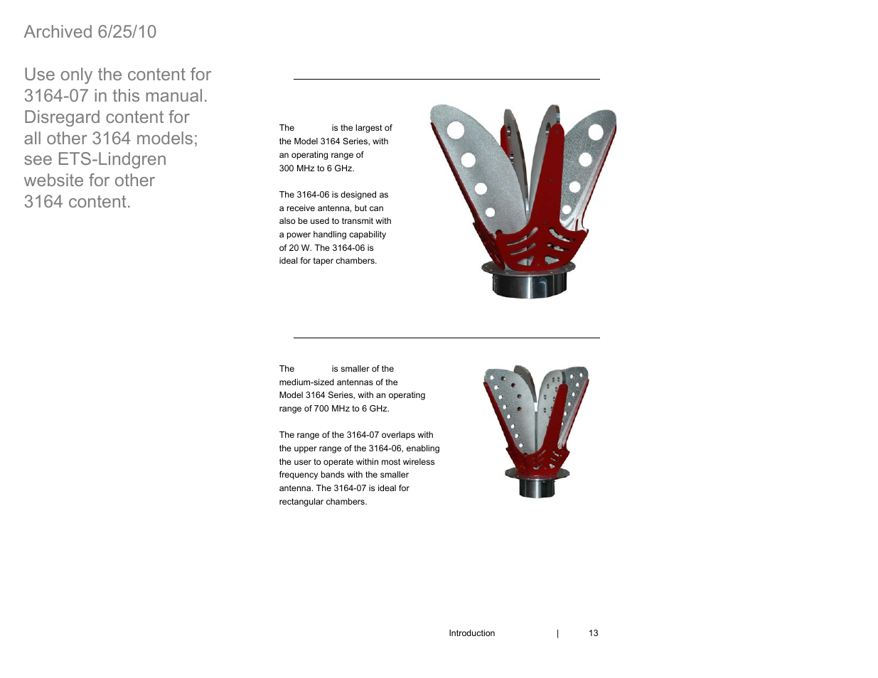 Model 3164-06, Model 3164-07 | ETS-Lindgren 3164-07 Open-Boundary Quad-Ridged Horn (Archived) User Manual | Page 13 / 80