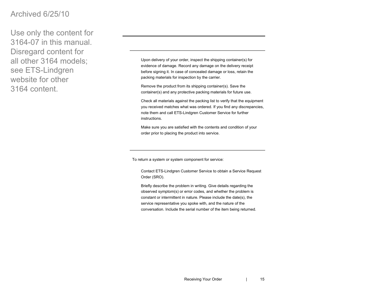 0 receiving your order, Unpacking and acceptance, Service procedures | ETS-Lindgren 3164-07 Open-Boundary Quad-Ridged Horn (Archived) User Manual | Page 15 / 80