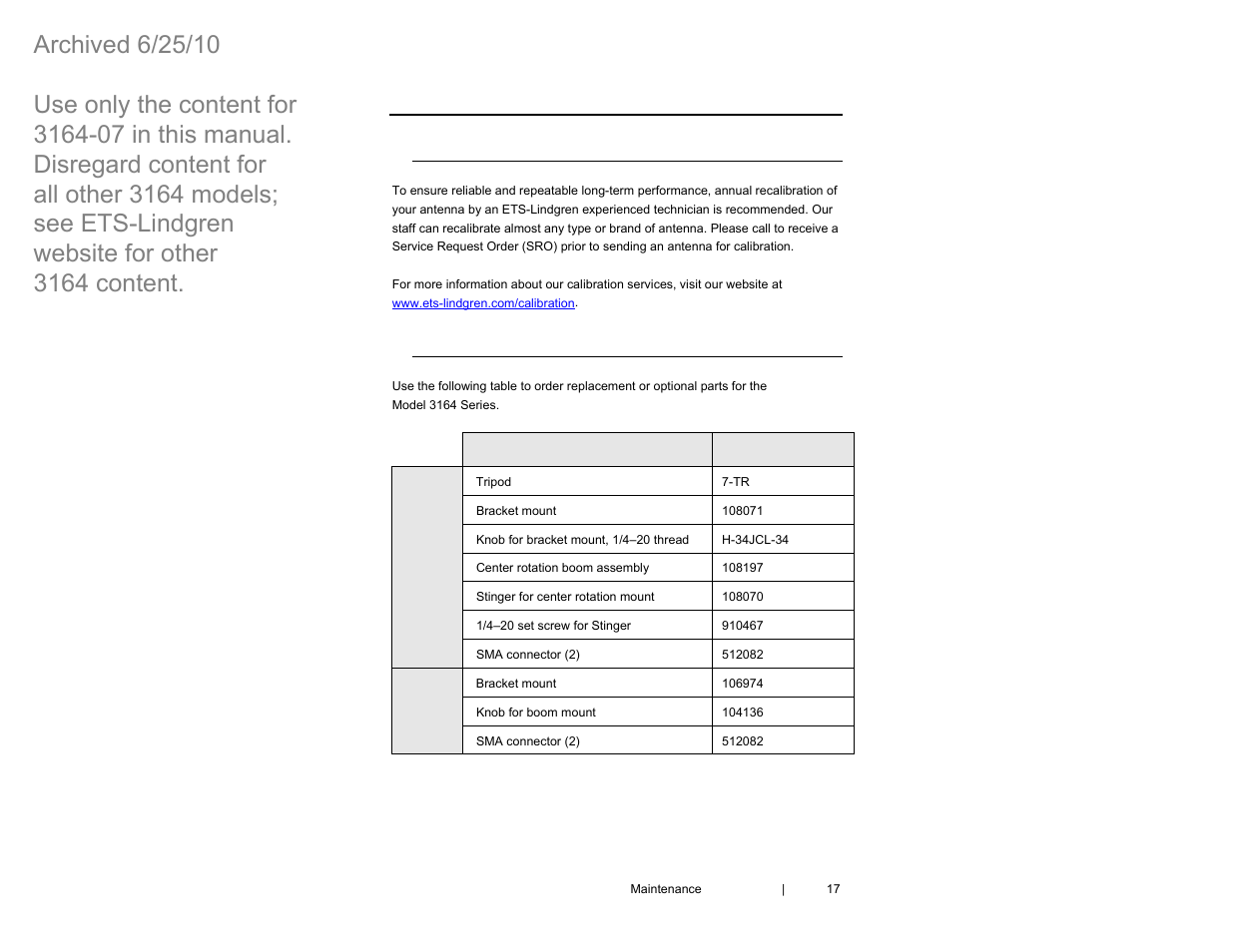 0 maintenance, Annual calibration, Replacement and optional parts | ETS-Lindgren 3164-07 Open-Boundary Quad-Ridged Horn (Archived) User Manual | Page 17 / 80