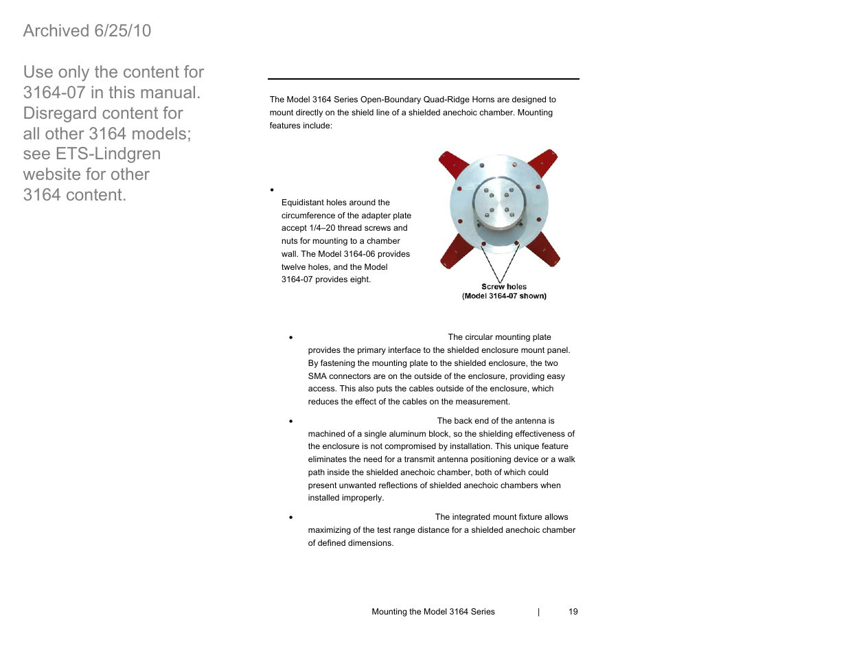 0 mounting the model 3164 series | ETS-Lindgren 3164-07 Open-Boundary Quad-Ridged Horn (Archived) User Manual | Page 19 / 80