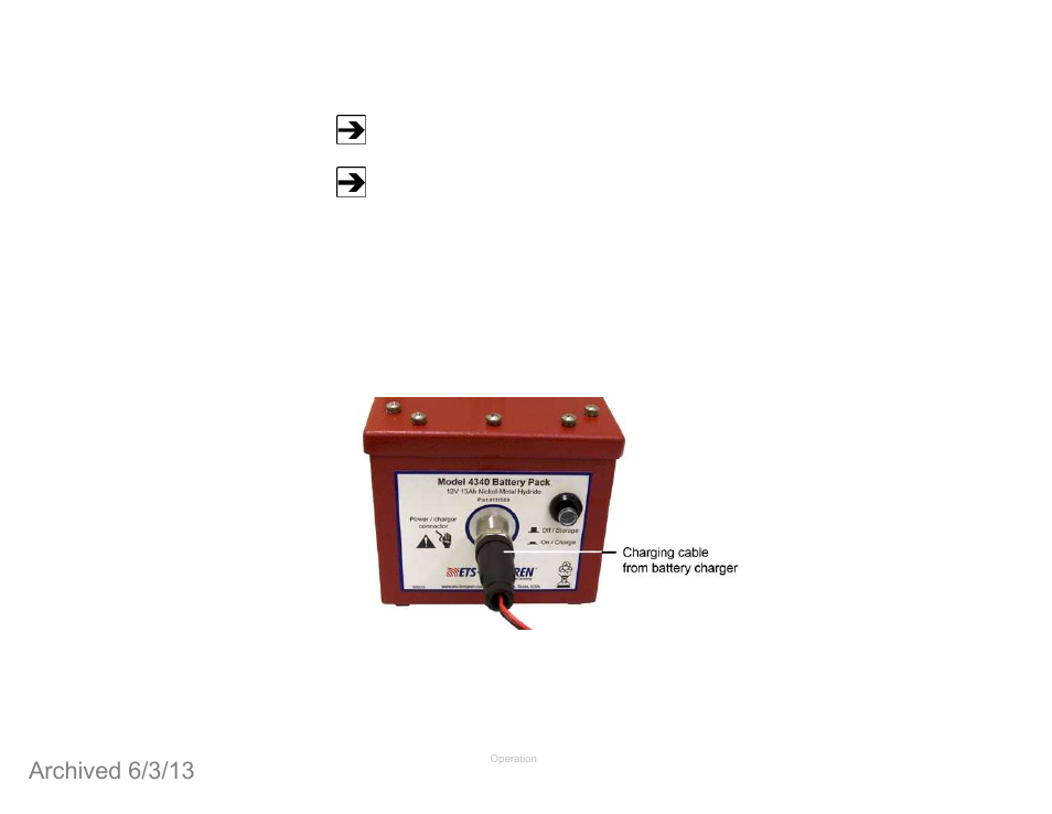 Charging the battery pack, Archived 6/3/13 | ETS-Lindgren 4340 Digital Camera System (CCTV) (Archived) User Manual | Page 55 / 63