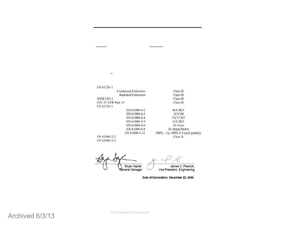 Appendix b: ec declaration of conformity, Archived 6/3/13 | ETS-Lindgren 4340 Digital Camera System (CCTV) (Archived) User Manual | Page 63 / 63