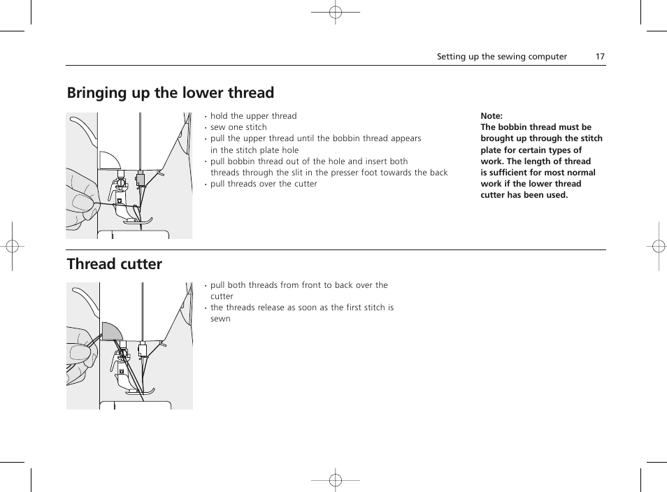 Bringing up the lower thread, Thread cutter | Bernina Sewing Machine User Manual | Page 17 / 52