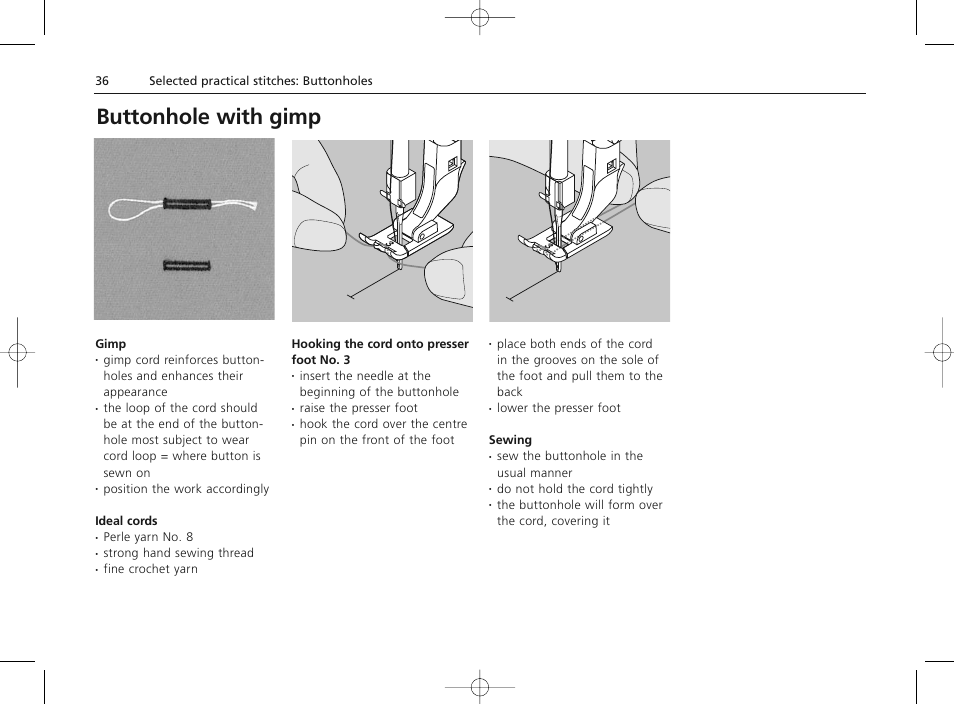 Buttonhole with gimp | Bernina Sewing Machine User Manual | Page 36 / 52