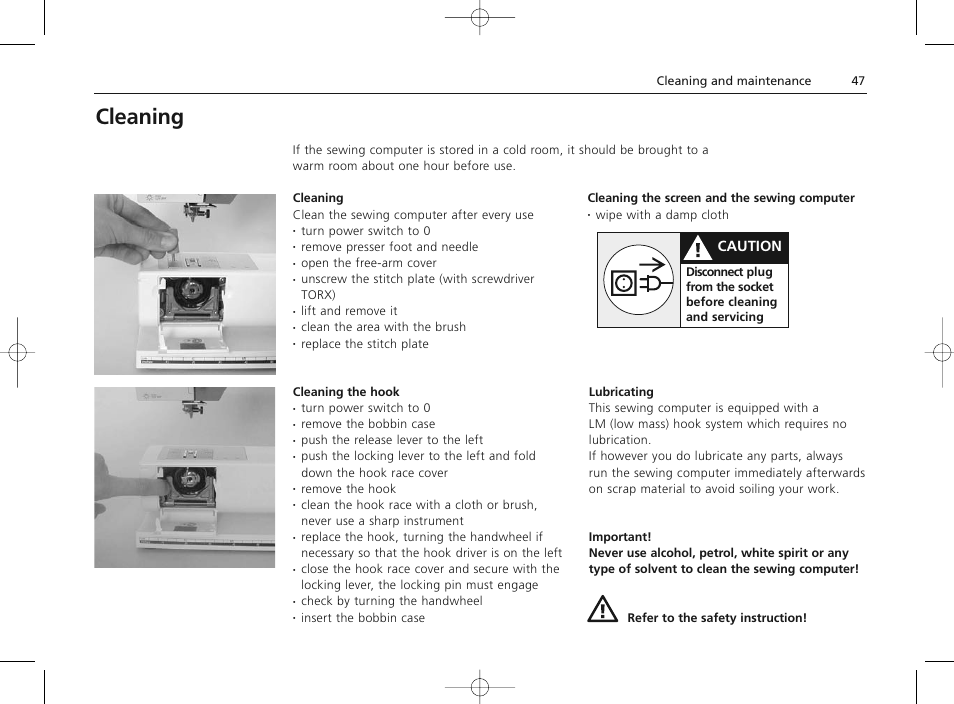 Cleaning, Caution | Bernina Sewing Machine User Manual | Page 47 / 52
