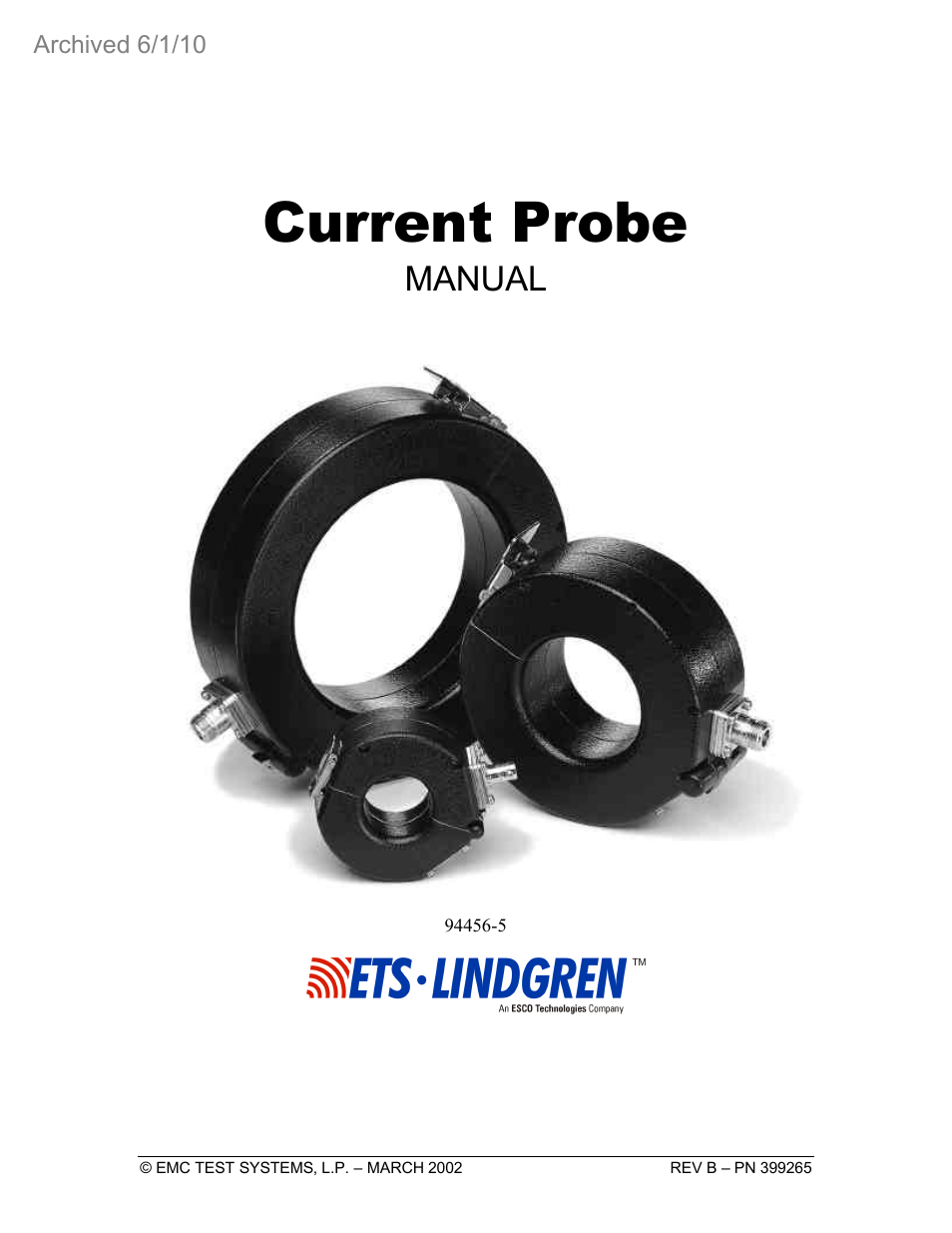 ETS-Lindgren 94456 Current Probe (Archived) User Manual | 20 pages