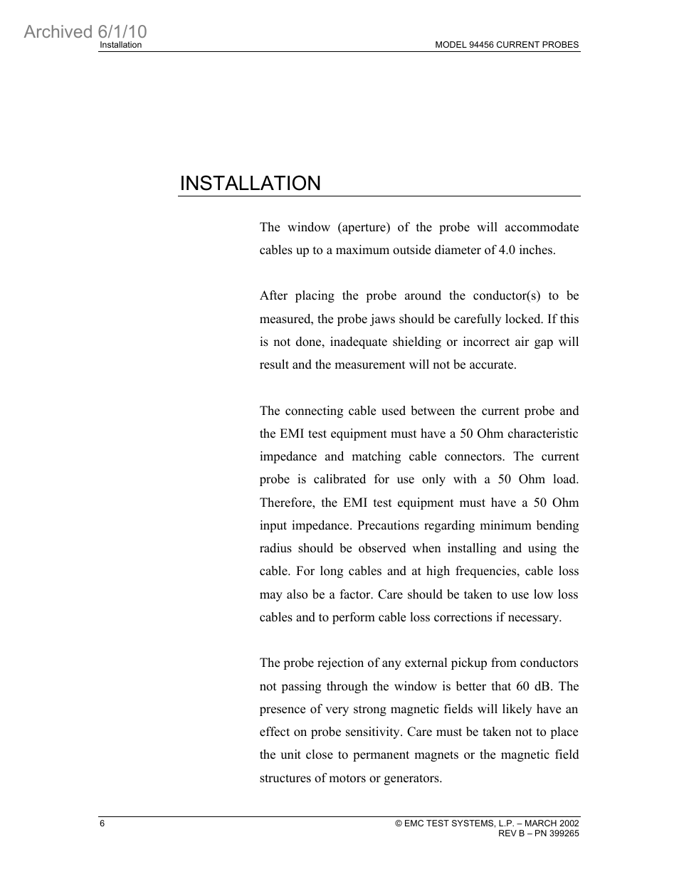 Installation, Archived 6/1/10 | ETS-Lindgren 94456 Current Probe (Archived) User Manual | Page 10 / 20