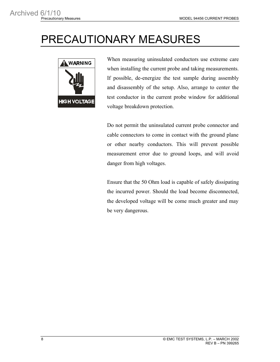 Precautionary measures, Archived 6/1/10 | ETS-Lindgren 94456 Current Probe (Archived) User Manual | Page 12 / 20