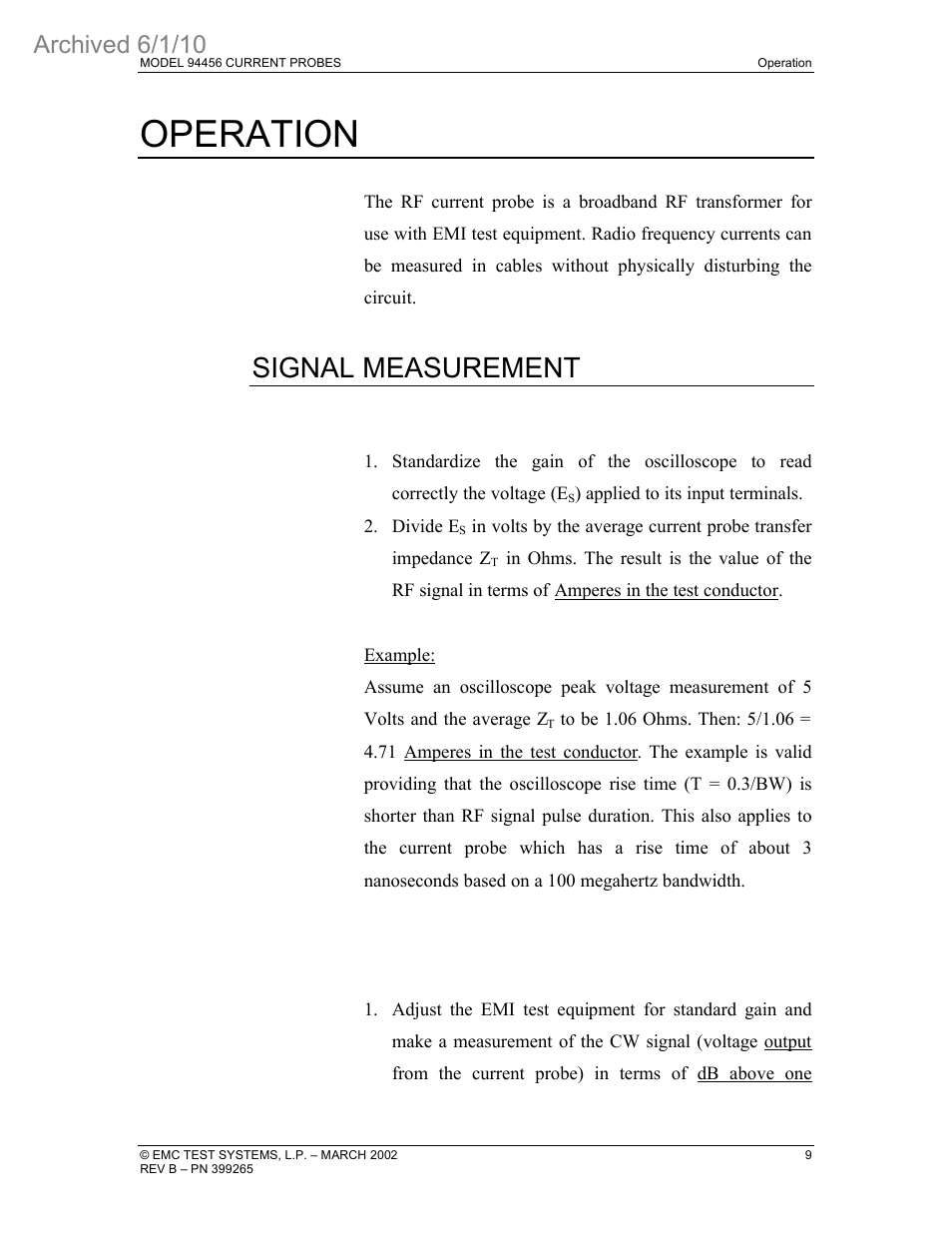 Operation, Signal measurement, Archived 6/1/10 | ETS-Lindgren 94456 Current Probe (Archived) User Manual | Page 13 / 20
