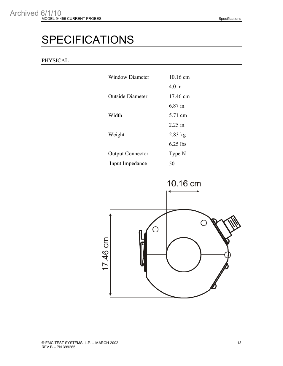 Specifications, 17 .4 6 cm, Archived 6/1/10 | ETS-Lindgren 94456 Current Probe (Archived) User Manual | Page 17 / 20