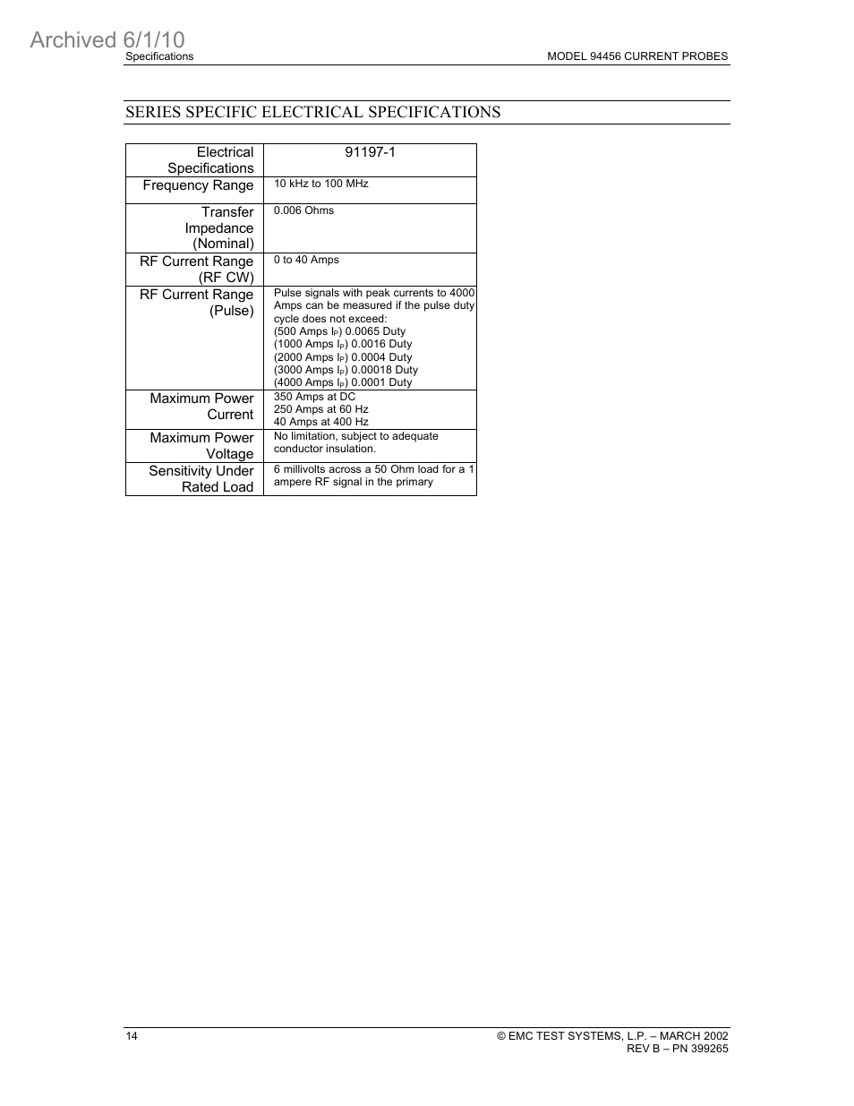 Archived 6/1/10, Series specific electrical specifications | ETS-Lindgren 94456 Current Probe (Archived) User Manual | Page 18 / 20