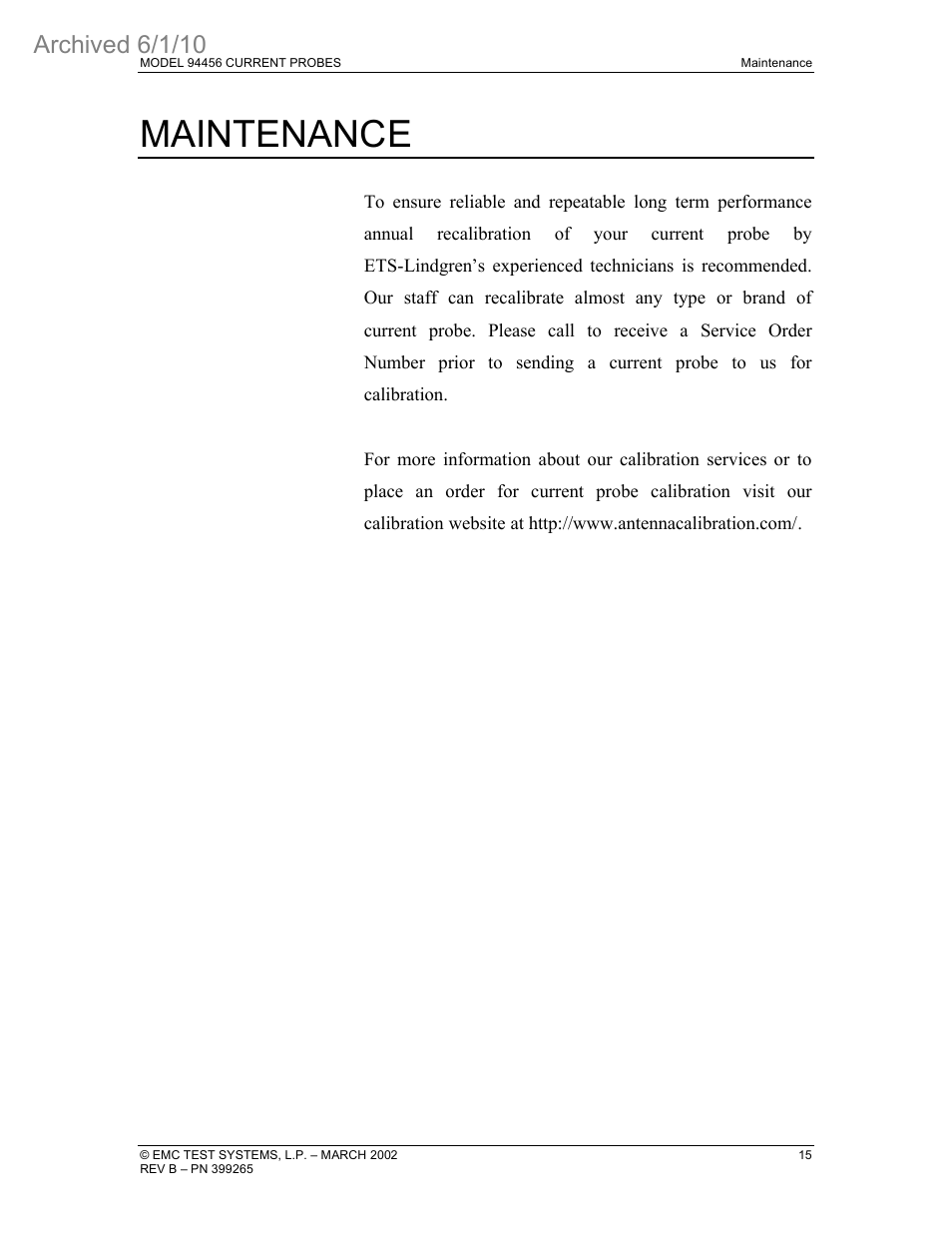 Maintenance, Archived 6/1/10 | ETS-Lindgren 94456 Current Probe (Archived) User Manual | Page 19 / 20