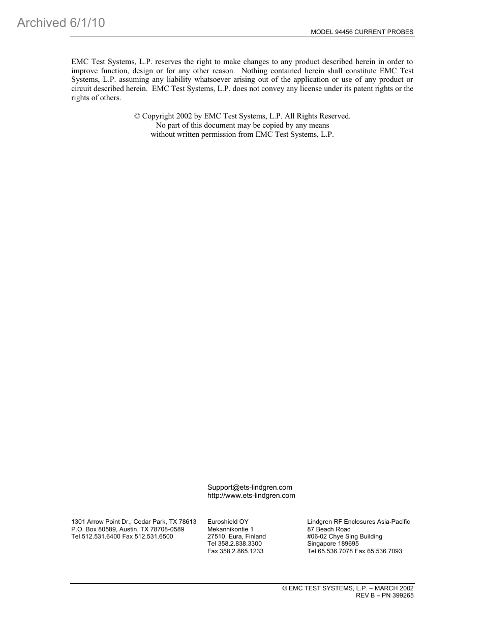 Archived 6/1/10 | ETS-Lindgren 94456 Current Probe (Archived) User Manual | Page 2 / 20