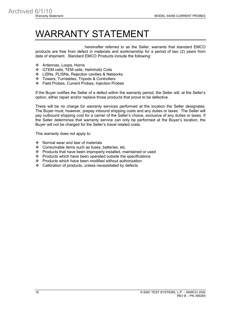 Warranty statement, Archived 6/1/10 | ETS-Lindgren 94456 Current Probe (Archived) User Manual | Page 20 / 20