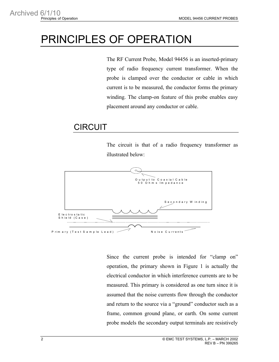 Principles of operation, Circuit, Archived 6/1/10 | ETS-Lindgren 94456 Current Probe (Archived) User Manual | Page 6 / 20