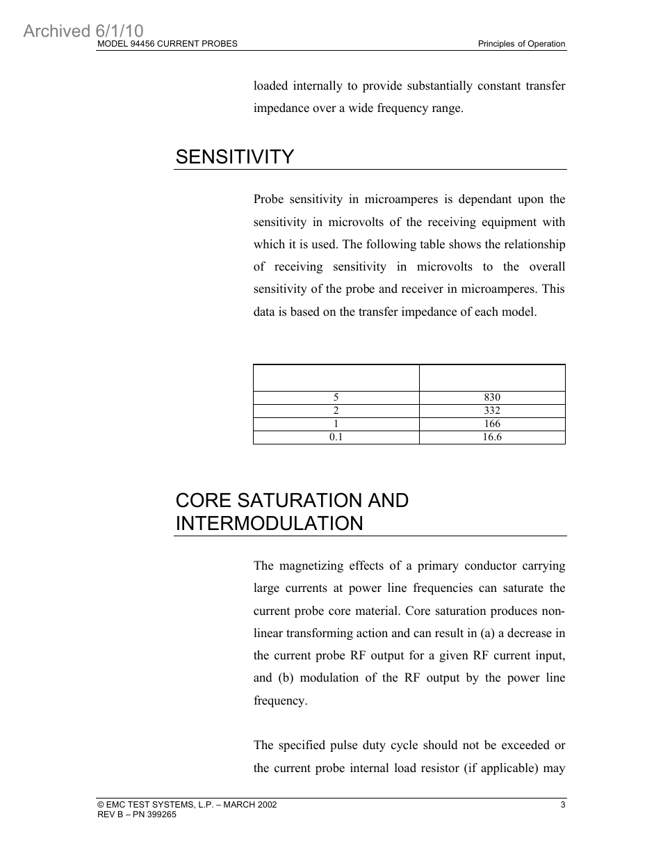 Sensitivity, Core saturation and intermodulation, Archived 6/1/10 | ETS-Lindgren 94456 Current Probe (Archived) User Manual | Page 7 / 20