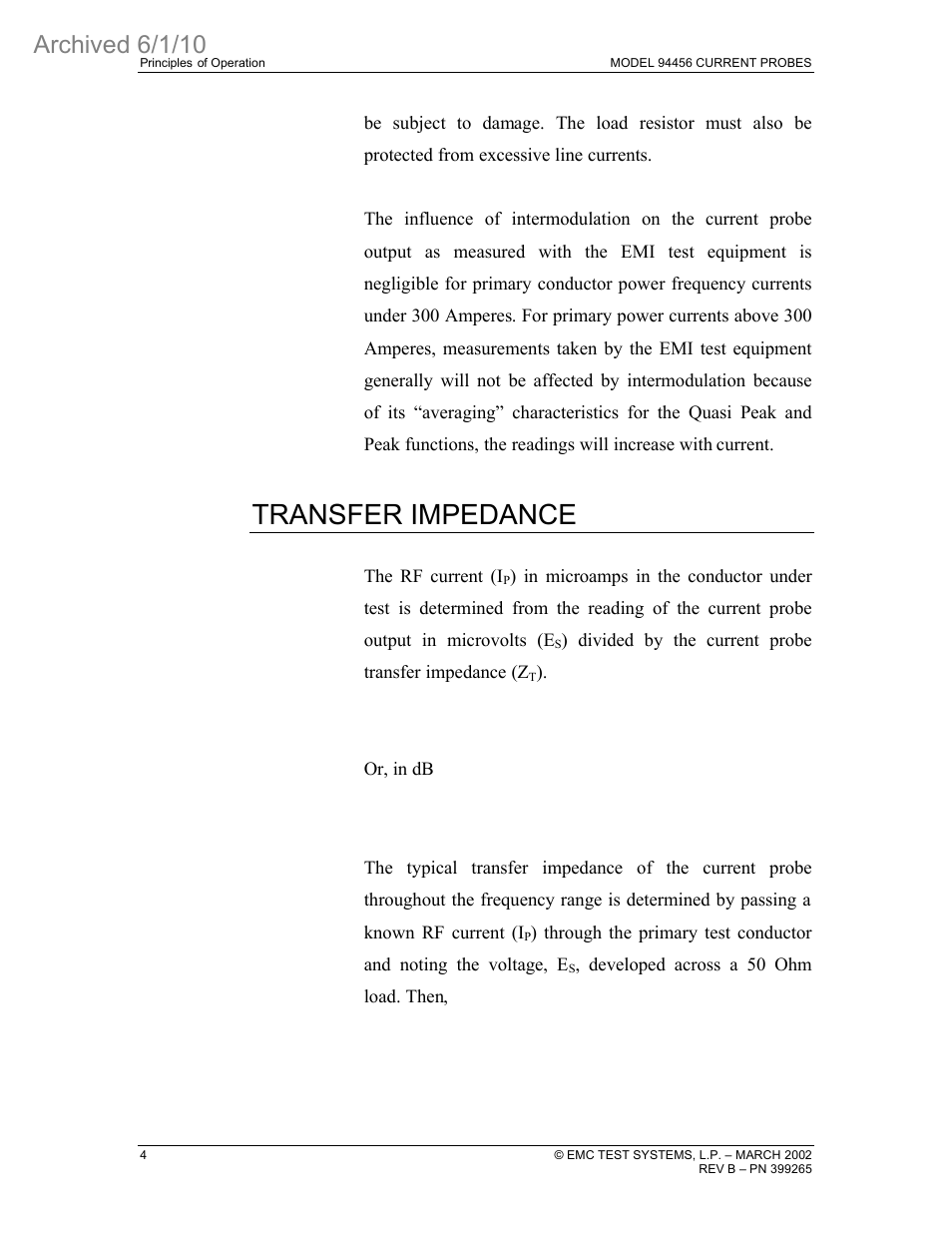 Transfer impedance, Archived 6/1/10 | ETS-Lindgren 94456 Current Probe (Archived) User Manual | Page 8 / 20