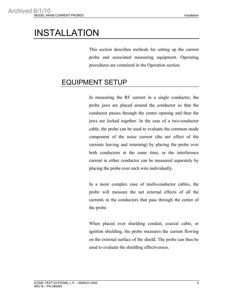 Installation, Equipment setup, Archived 6/1/10 | ETS-Lindgren 94456 Current Probe (Archived) User Manual | Page 9 / 20