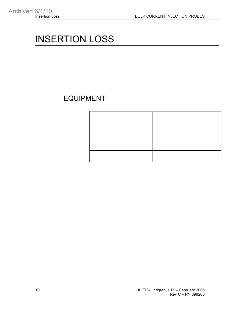 Insertion loss, Equipment, Archived 6/1/10 | ETS-Lindgren 95252-1 Bulk Current Injection Probes (Archived) User Manual | Page 14 / 22