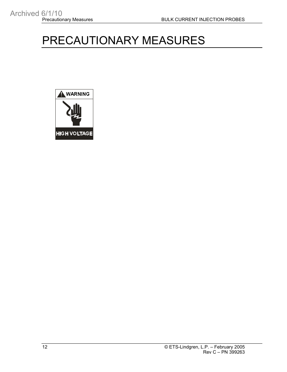 Precautionary measures, Archived 6/1/10 | ETS-Lindgren 95252-1 Bulk Current Injection Probes (Archived) User Manual | Page 16 / 22