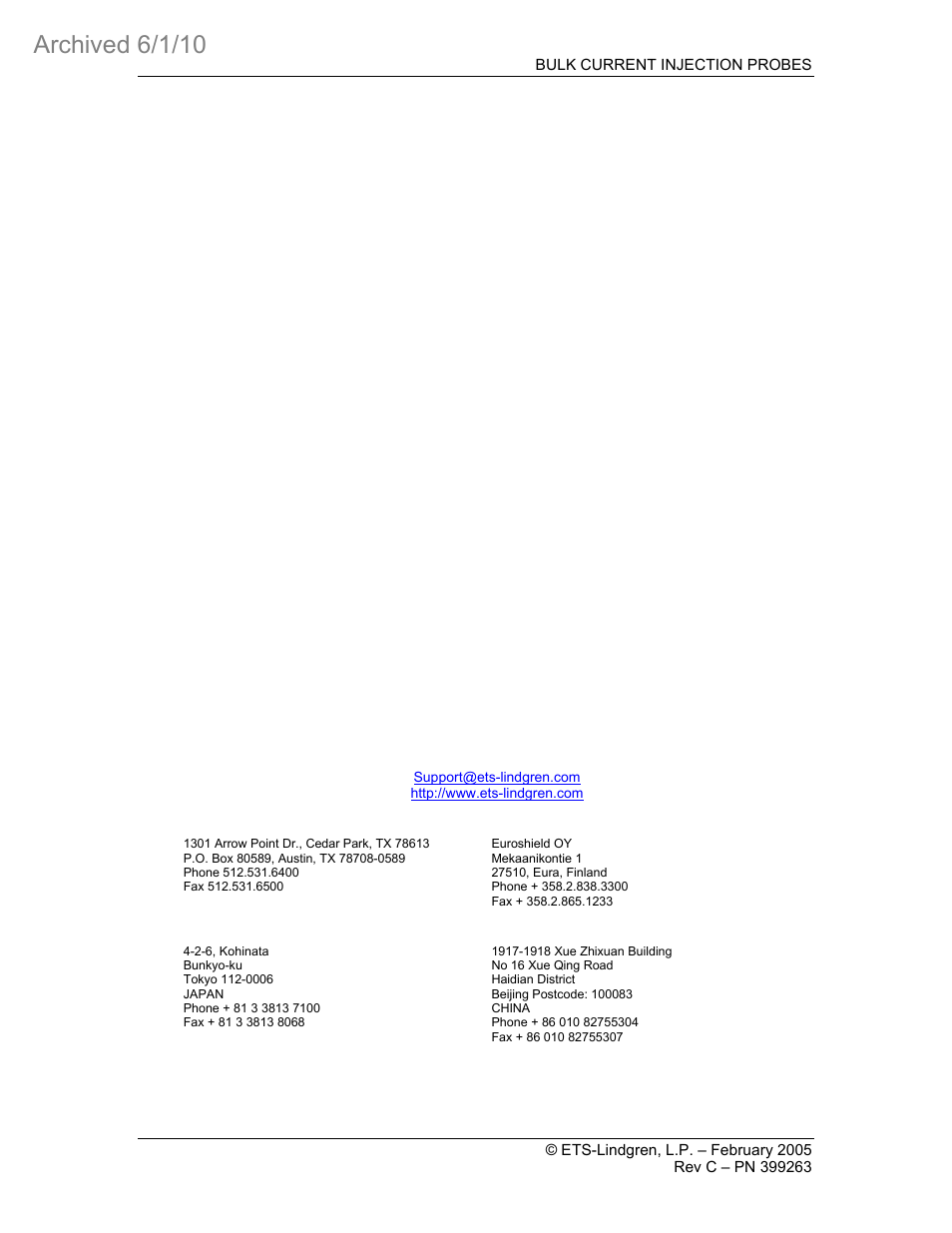 Archived 6/1/10, Without written permission from ets-lindgren l.p | ETS-Lindgren 95252-1 Bulk Current Injection Probes (Archived) User Manual | Page 2 / 22