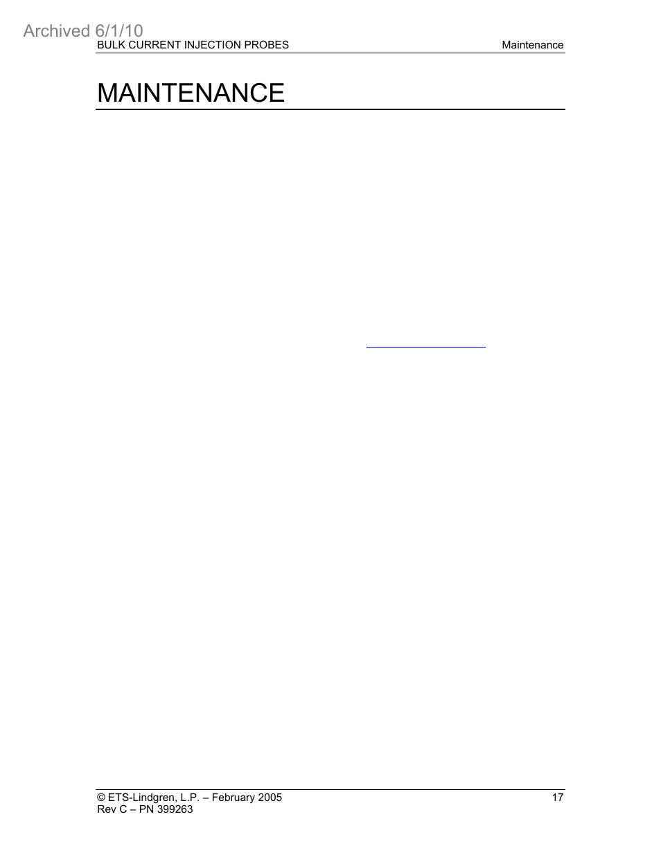 Maintenance, Archived 6/1/10 | ETS-Lindgren 95252-1 Bulk Current Injection Probes (Archived) User Manual | Page 21 / 22