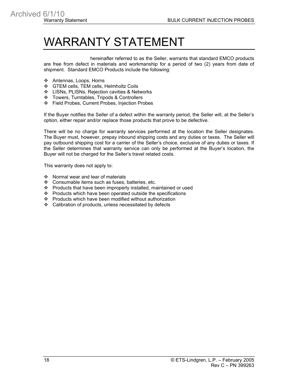 Warranty statement, Archived 6/1/10 | ETS-Lindgren 95252-1 Bulk Current Injection Probes (Archived) User Manual | Page 22 / 22