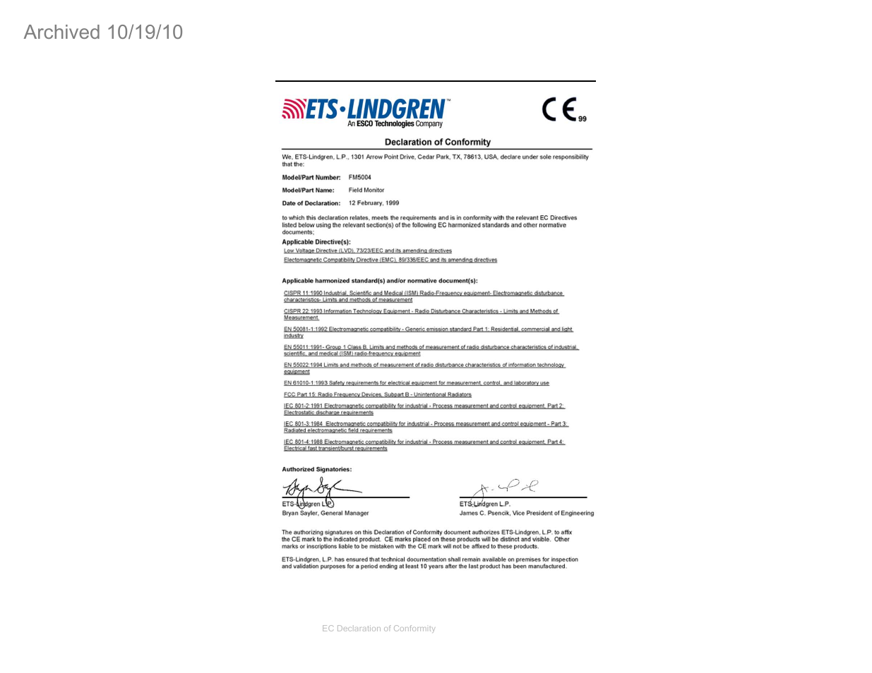 Appendix c: ec declaration of conformity | ETS-Lindgren FM5004 Field Monitor (Archived) User Manual | Page 115 / 115