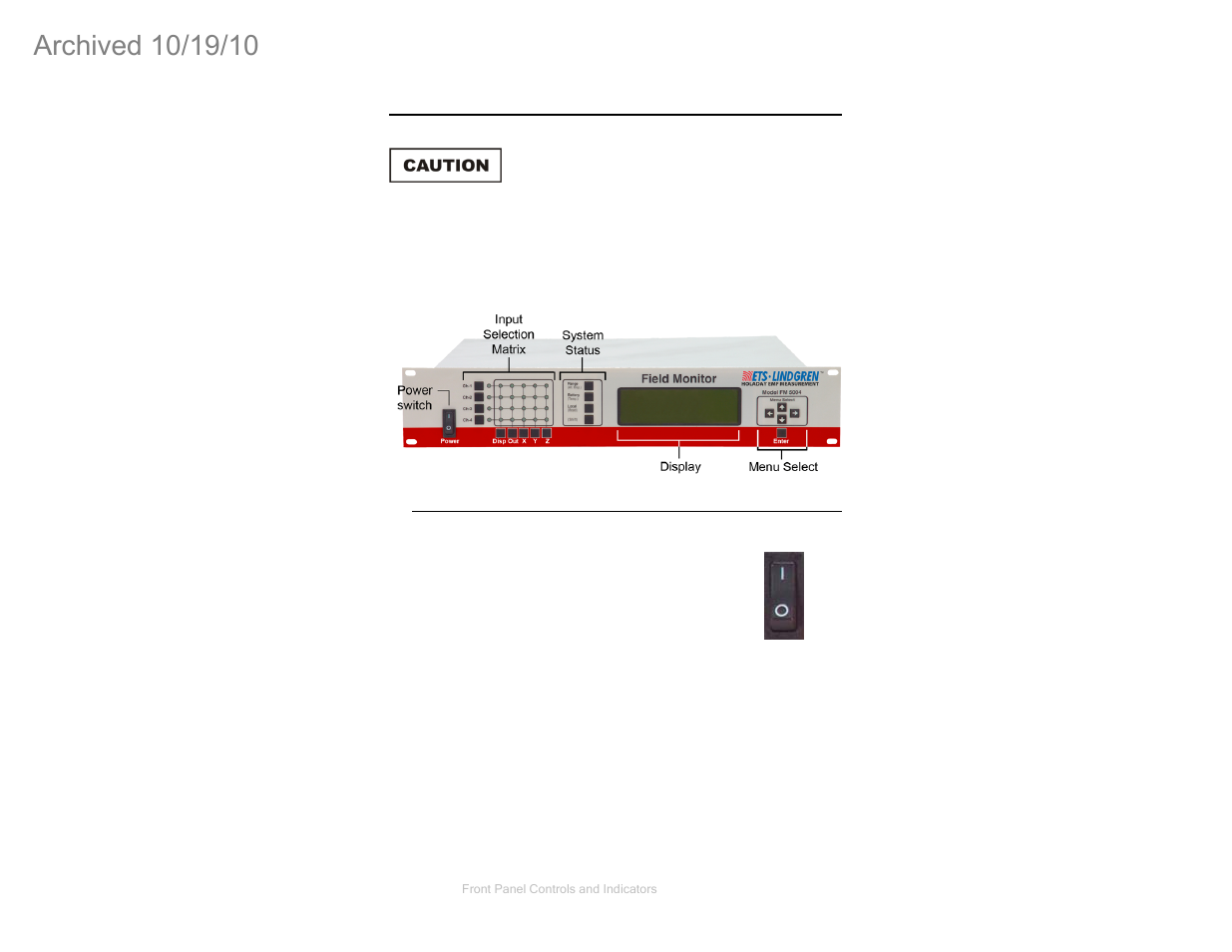0 front panel controls and indicators, Power switch | ETS-Lindgren FM5004 Field Monitor (Archived) User Manual | Page 25 / 115