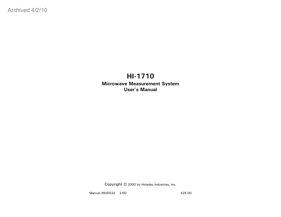 ETS-Lindgren HI-1710 Microwave Measurement System (Archived) User Manual | 61 pages