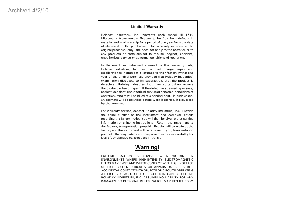 Warning, Archived 4/2/10 | ETS-Lindgren HI-1710 Microwave Measurement System (Archived) User Manual | Page 5 / 61