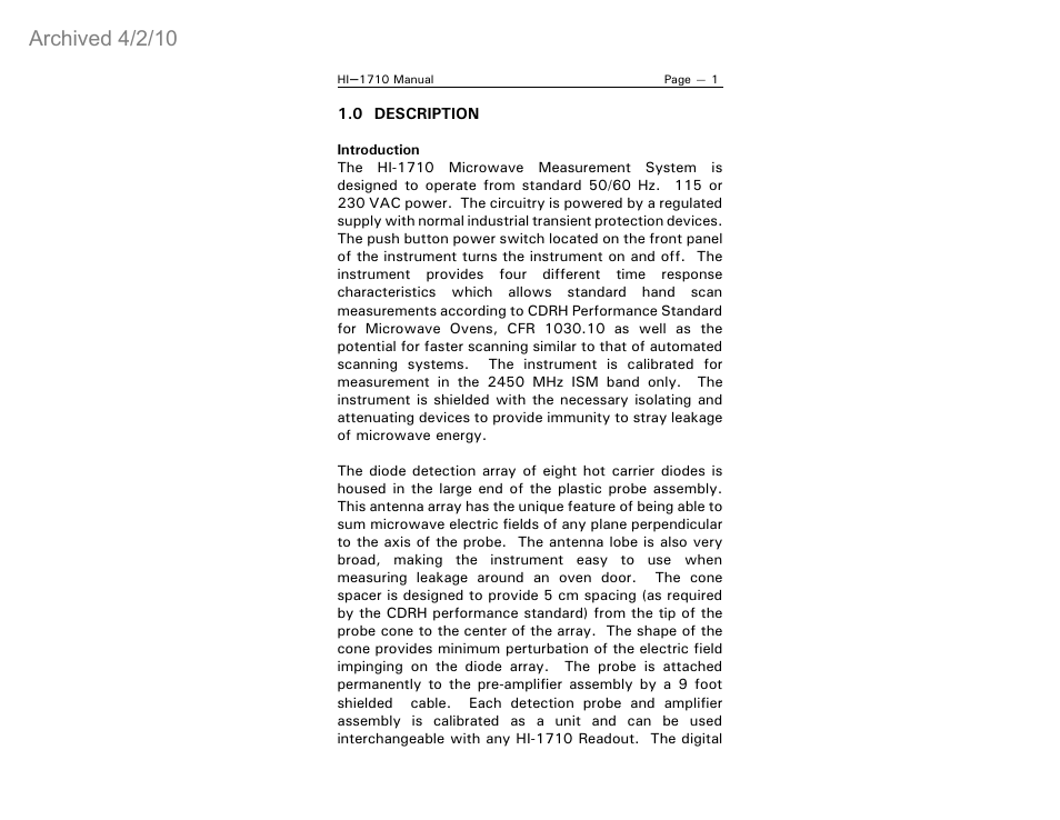 Archived 4/2/10 | ETS-Lindgren HI-1710 Microwave Measurement System (Archived) User Manual | Page 6 / 61