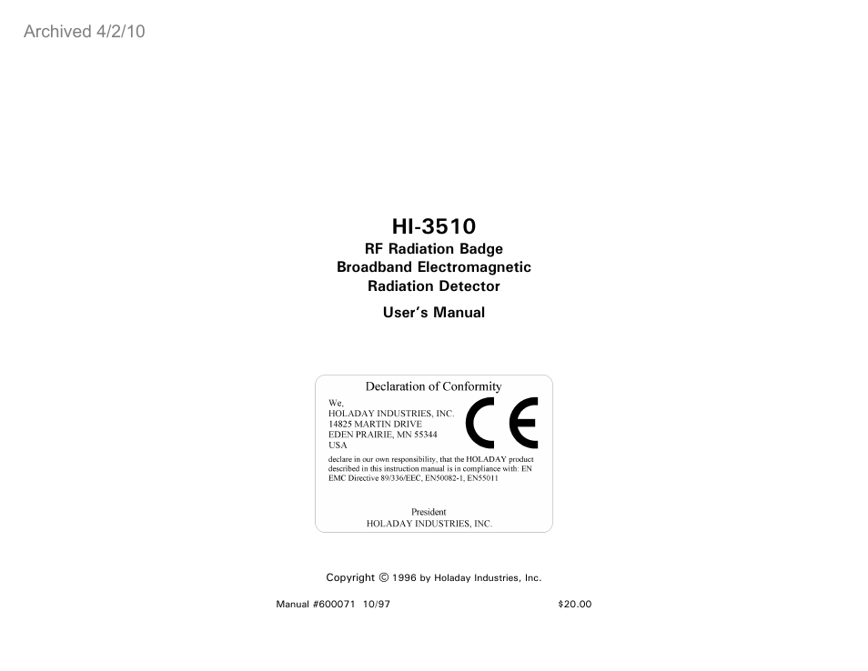 ETS-Lindgren HI-3510 RF Radiation Badge Broadband Electromagnetic Radiation Detector (Archived) User Manual | 29 pages