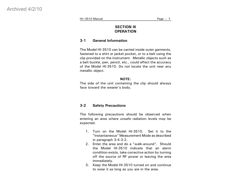 Archived 4/2/10 | ETS-Lindgren HI-3510 RF Radiation Badge Broadband Electromagnetic Radiation Detector (Archived) User Manual | Page 12 / 29