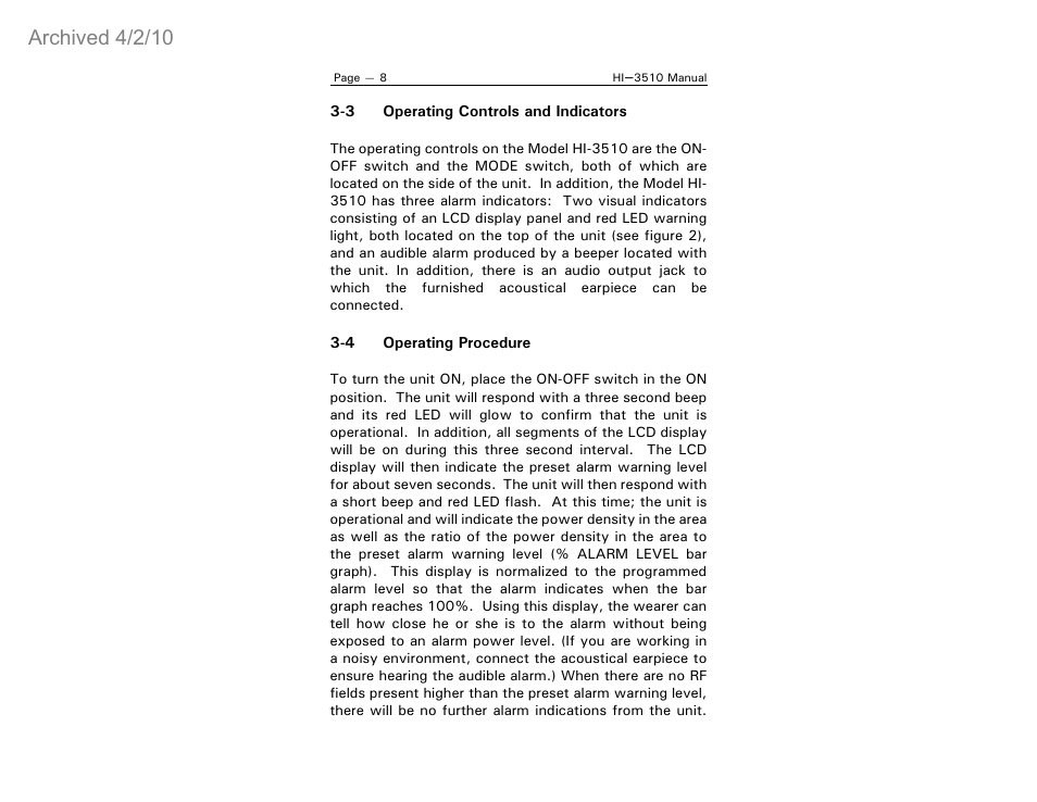 Archived 4/2/10 | ETS-Lindgren HI-3510 RF Radiation Badge Broadband Electromagnetic Radiation Detector (Archived) User Manual | Page 13 / 29