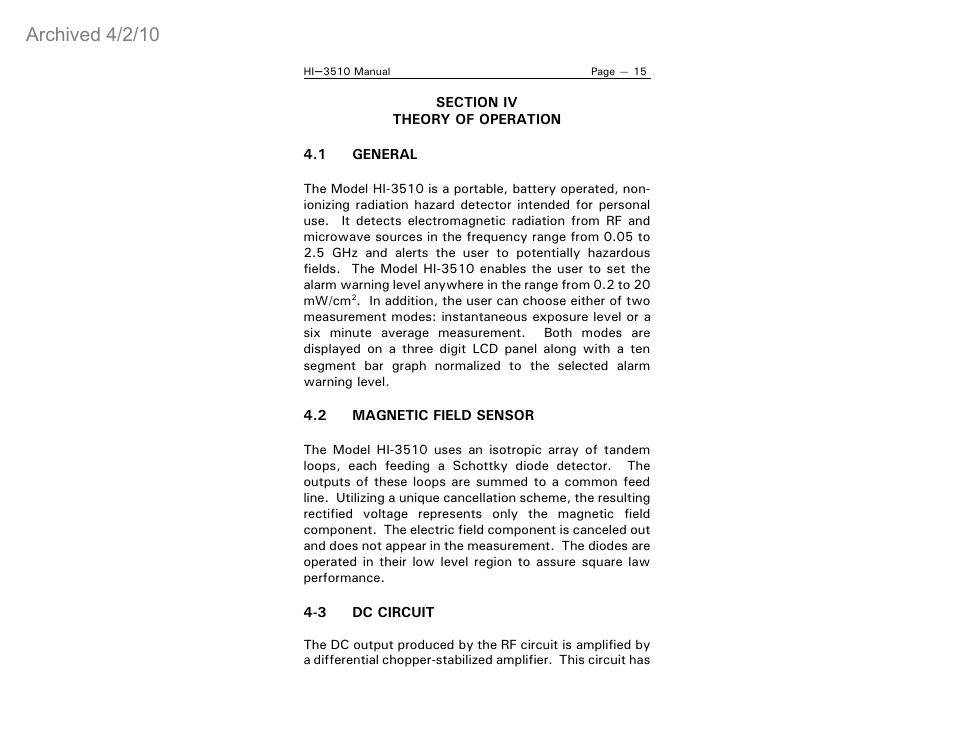 Archived 4/2/10 | ETS-Lindgren HI-3510 RF Radiation Badge Broadband Electromagnetic Radiation Detector (Archived) User Manual | Page 20 / 29