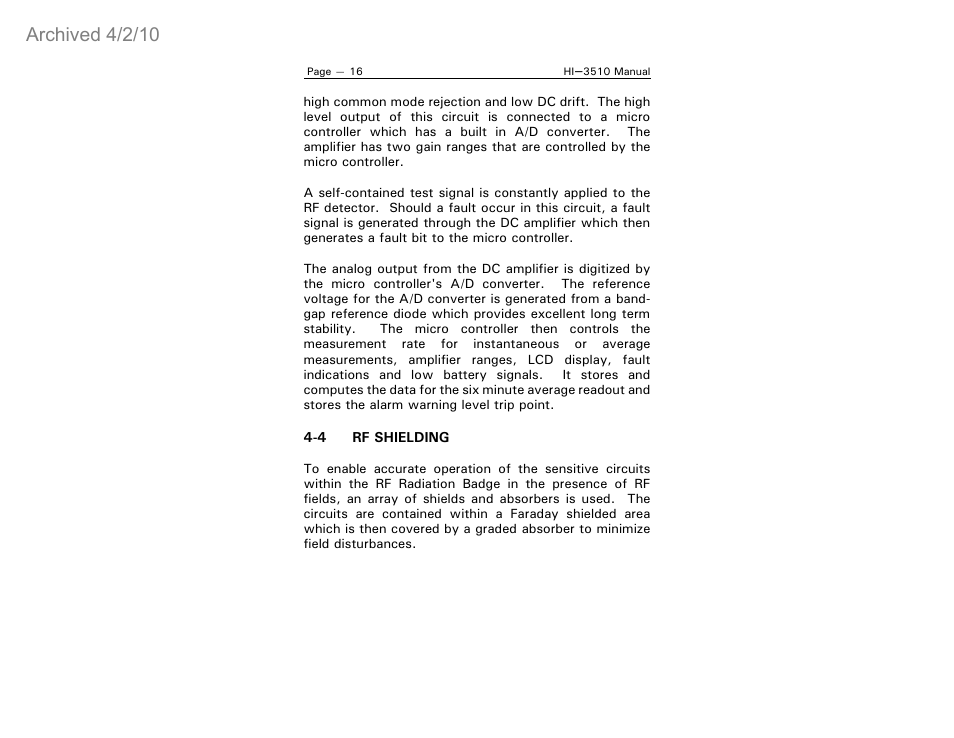 Archived 4/2/10 | ETS-Lindgren HI-3510 RF Radiation Badge Broadband Electromagnetic Radiation Detector (Archived) User Manual | Page 21 / 29