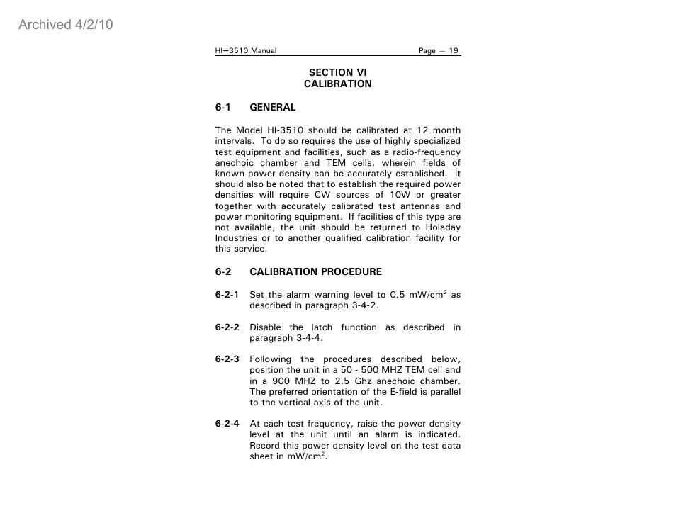 Archived 4/2/10 | ETS-Lindgren HI-3510 RF Radiation Badge Broadband Electromagnetic Radiation Detector (Archived) User Manual | Page 24 / 29