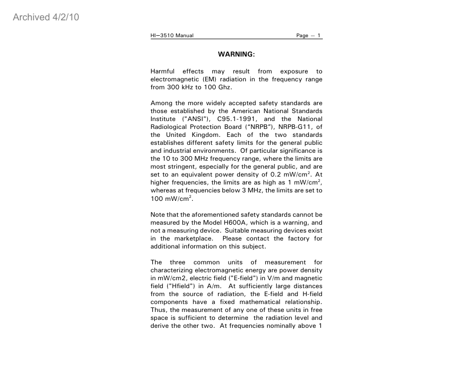 Archived 4/2/10 | ETS-Lindgren HI-3510 RF Radiation Badge Broadband Electromagnetic Radiation Detector (Archived) User Manual | Page 6 / 29
