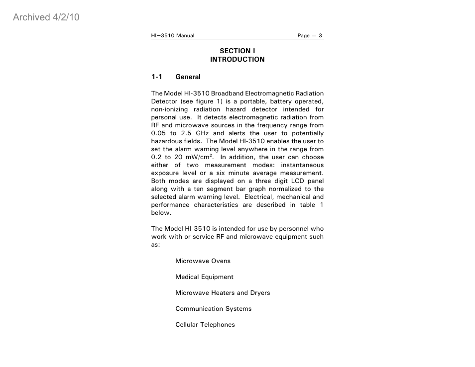 Archived 4/2/10 | ETS-Lindgren HI-3510 RF Radiation Badge Broadband Electromagnetic Radiation Detector (Archived) User Manual | Page 8 / 29